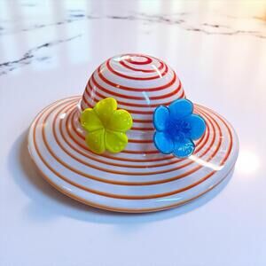 Murano Style Glass Red-Orange Striped Hat w/Blue & Yellow Flowers 9"L x 3"H
